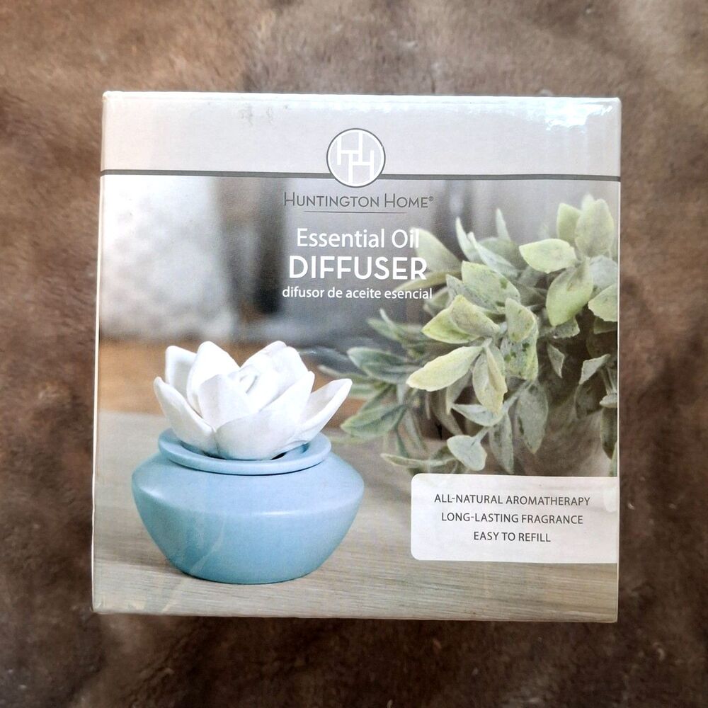Huntington Home Passive Essential Oil Diffuser Blue Base Ceramic Flower - NEW